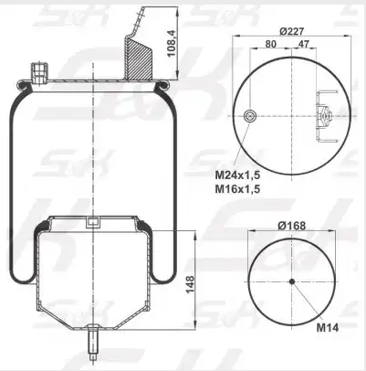 Пневморессора.Поршень металл (Верх 1*М24низ 1*М14) SK SK-6418K-01