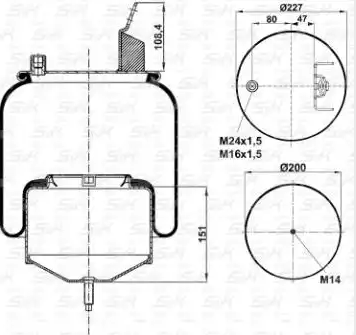 Пневморессора Верх 1*M24  Низ 1*М14 SK SK-7804K-01