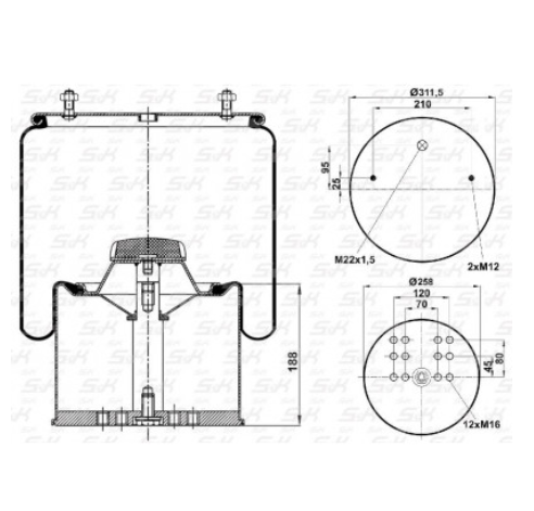 Пневморессора (1*М22,2*М12 низ 12*М16) SK SK88101K01